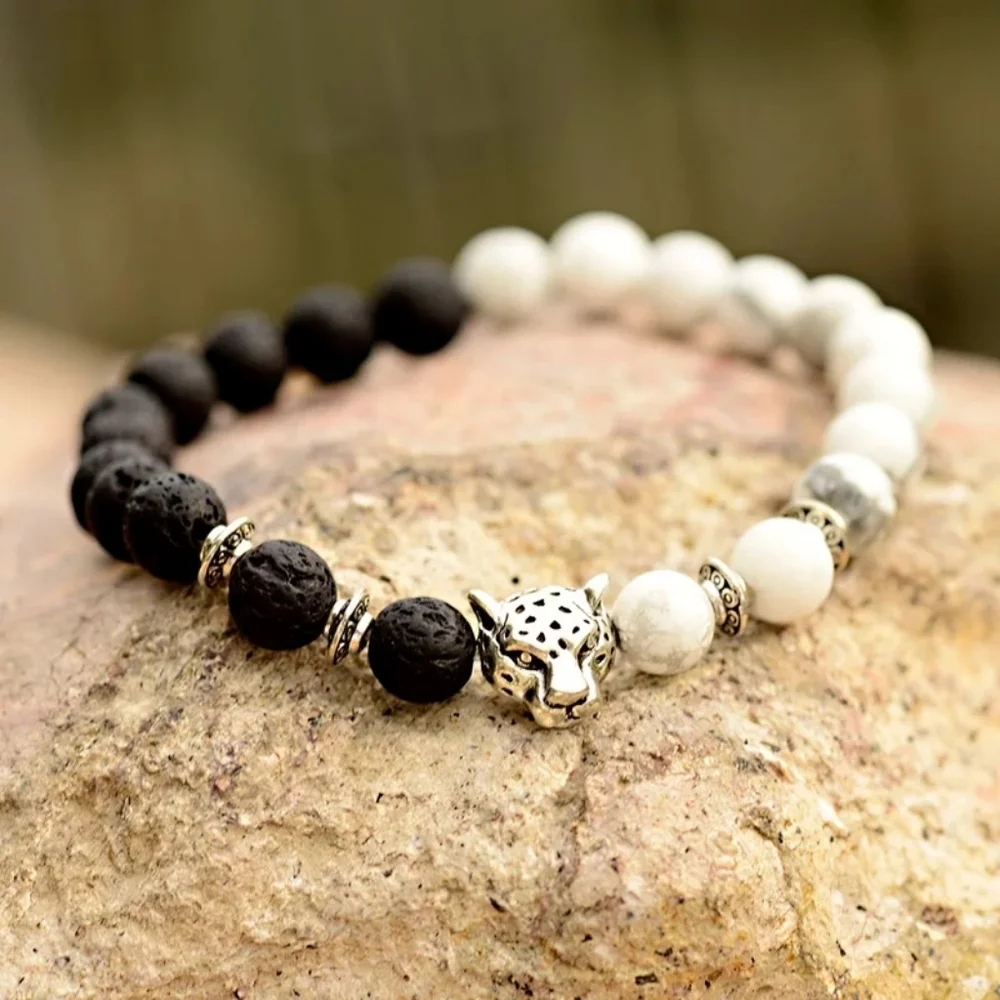 Lava Stone Pearl Marble Beaded Leopard Cat Bracelet